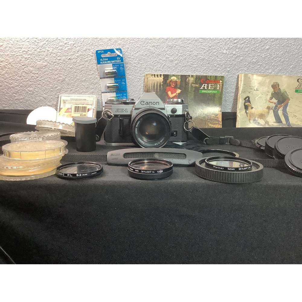 Canon AE-1 Program 35mm‎ Film Camera Bundle – Body, Lens & Manual – Vintage Lot